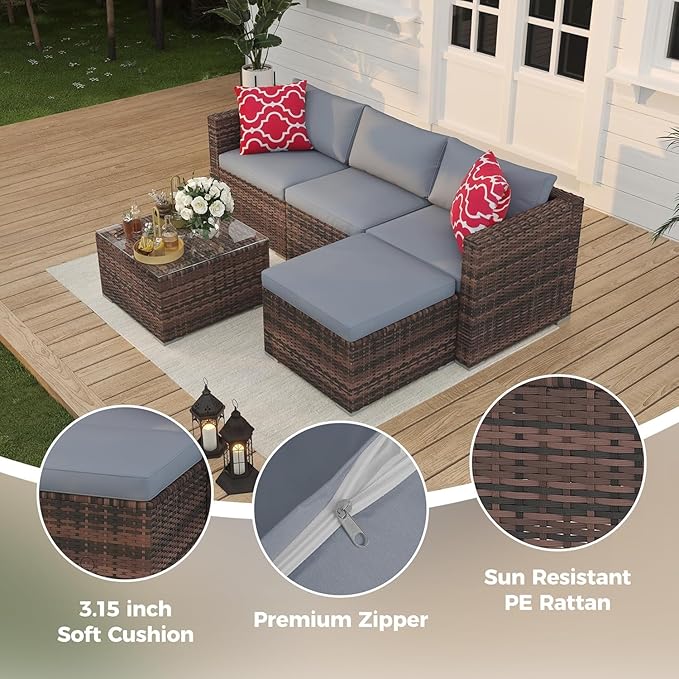 5 Piece Outdoor Patio Furniture Set, PE Rattan Patio Conversation Sets, All-Weather Wicker Outside Sofa Set with Thick Cushions, Bistro Sets w/Coffee Table for Pool, Backyard, Lawn(Brown+Light Grey)