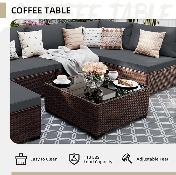 UPHA 9 Pieces Patio Furniture Sets, Wicker Outdoor Sectional Sofa Couch with Rectangle Propane Pit for Deck Backyard Garden, Brown Rattan, Dark Gray Cushion