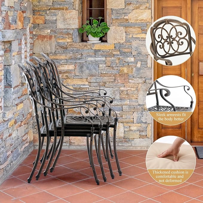 7-Piece Cast Aluminum Outdoor Dining Set, 60" Rectangular Table with 2 Umbrella Holes & 6 Stackable Chairs with 2.75" Cushions, Antique Brass Rustproof Patio Furniture for Garden