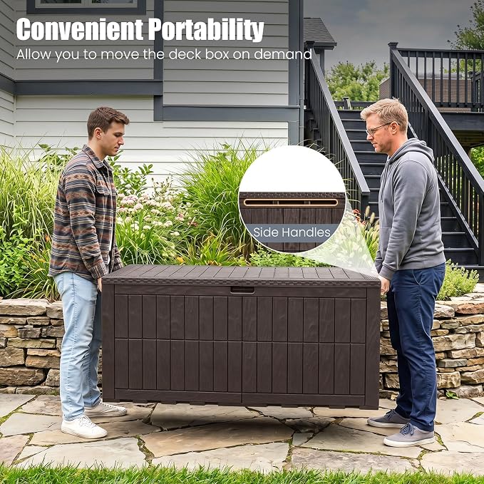 HAPPYGRILL 180 Gal Outdoor Deck Box, Lockable Storage Bin with Lid and Handles, Waterproof and Sun-Protective Patio Bench and Storage Box for Garden Tools Pool Supplies (Dark Brown, 180Gallon)