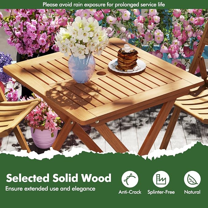 Byroce Outdoor Patio Table, 29.5” x 29.5” Folding Bistro Table with Slatted Tabletop & 2” Umbrella Hole, Solid Wood Outdoor Dining Table, Portable for Backyard, Poolside & Balcony (1, Square)