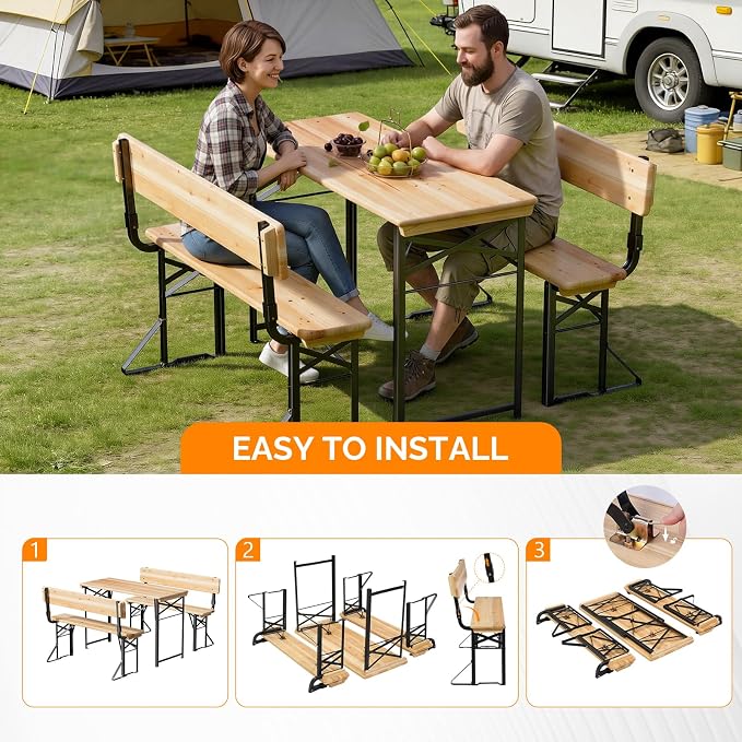 VINGLI 45 Inch Folding Picnic Tables and Chair Set with Backrest Bench, Weather-Resistant Wooden Beer Garden Table Bench, 3-Piece Portable Fold Up Camping BBQ Table,Natural Wood Color