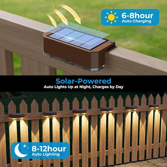 8 Pack Solar Fence Lights Outdoor, Deck Light Solar Powered, IP65 Waterproof Led Riling Solar Lights for Outside Yard Step, Wram White