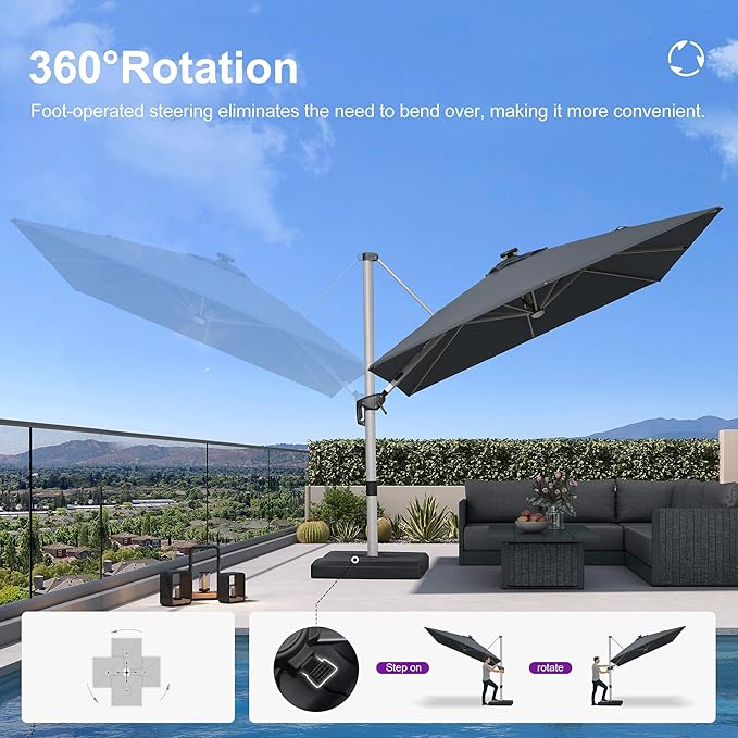PURPLE LEAF Patio Umbrella with Base 9' X 12' Outdoor Rectangle Cantilever Umbrella Solar Powered LED with 360-degree Rotation for Garden Deck Pool Patio, Grey