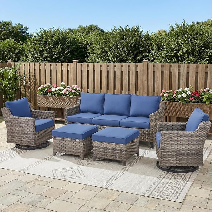 Belord Patio Wicker Swivel Rocker Patio Chairs with 3-Seater Sofa, Outdoor Rattan Chairs for Deck Porch Garden, 5 Piece Patio Conversation Furniture Set,Blue