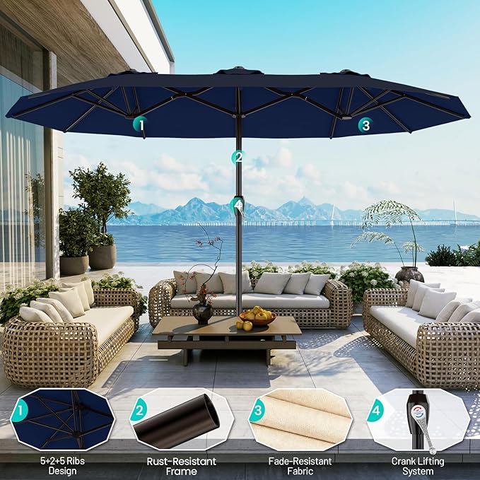 AreShark 15FT Outdoor Patio Umbrella with Crank, Large Rectangular Market Umbrella, Double-Sided Outdoor Umbrellas with Cross Base & Sandbag for Porch, Lawn, Pool, Backyard, Navy