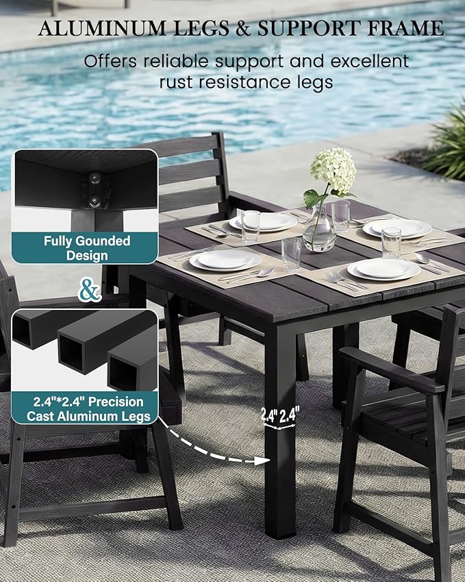 LOUNZY 5-Piece HDPE Patio Dining Set - Outdoor Square Table with 2" Hole Cut-Out & 4 Chairs,Black