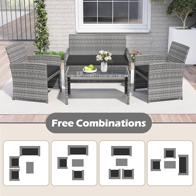 RELAX4LIFE 8-Piece Patio Furniture Set - Wicker Rattan Outdoor Sectional Sofa Set w/Glass Coffee Table, Loveseat, 2 Chairs & Soft Cushions, Bistro Conversation for Garden Porch (2, Grey-Black)