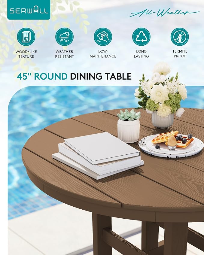 SERWALL 5-Piece Patio Dining Sets, HDPE Outdoor Table and Chairs Furniture Set, 45" Round Dining Table and 4 Dining Chairs, Brown