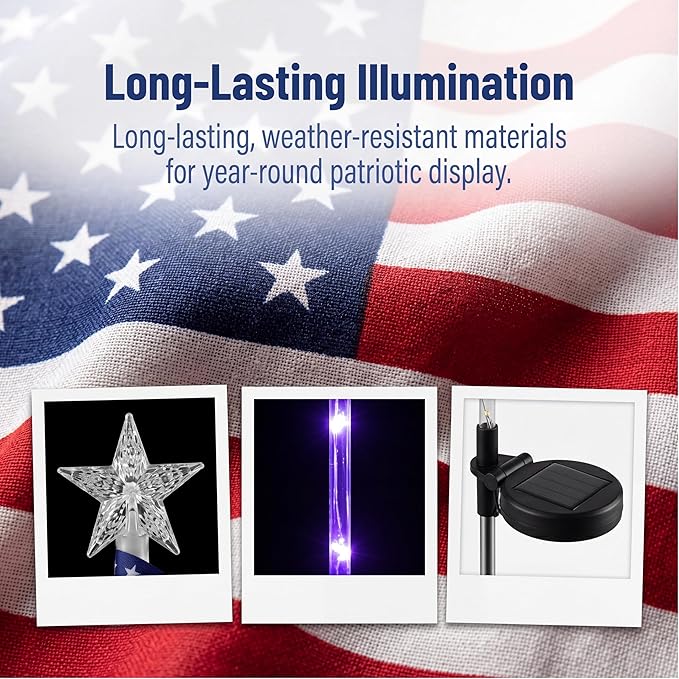 CALLARON Solar Decorative Lights LED Outdoor Solar Lights America Flag Decorative Flags Patriotic Garden Flag Solar Landscaping Spotlights Solar Garden Lights Outdoor LED Flagpole Lights