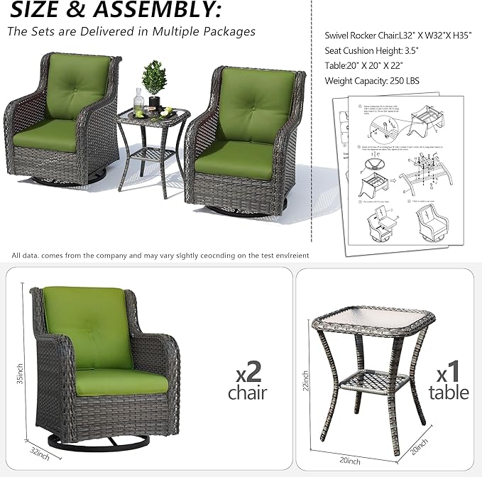 Outdoor 360 Degree Swivel Rocker Patio Chairs Sets of 2 and Matching Side Table - 3 Piece Patio Wicker Glider Chairs with Olefin Cushions(Mixed Grey/Green)