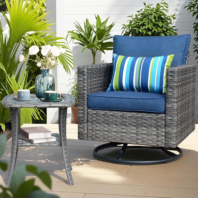 ovios Outdoor Patio Side Table with Tempered Glass Top Wicker Coffee Tables for Garden Porch Yard Deck Balcony, Grey Rattan