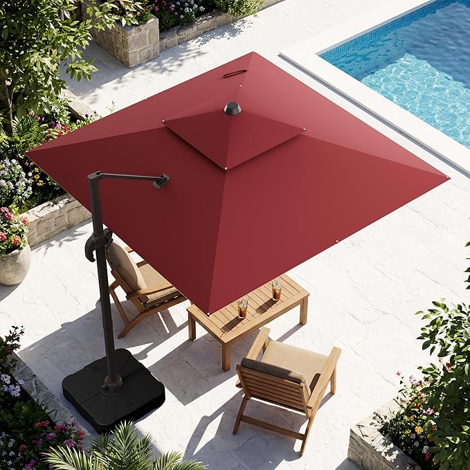 10x10FT Red Cantilever Outdoor Patio Umbrella with Base, Large Square Offset Design, Double Top Heavy Duty Aluminum Frame & 360° Rotation for Pool Garden Deck Backyard