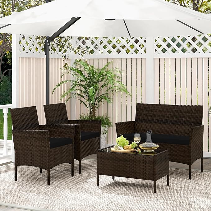 Tangkula 4 Piece Patio Rattan Conversation Set, Outdoor Wicker Furniture Set with Chair, Loveseat & Tempered Glass Table, Cozy Seat Cushions, Outside Sectional Sofa Set for Backyard, Porch (1,Black)