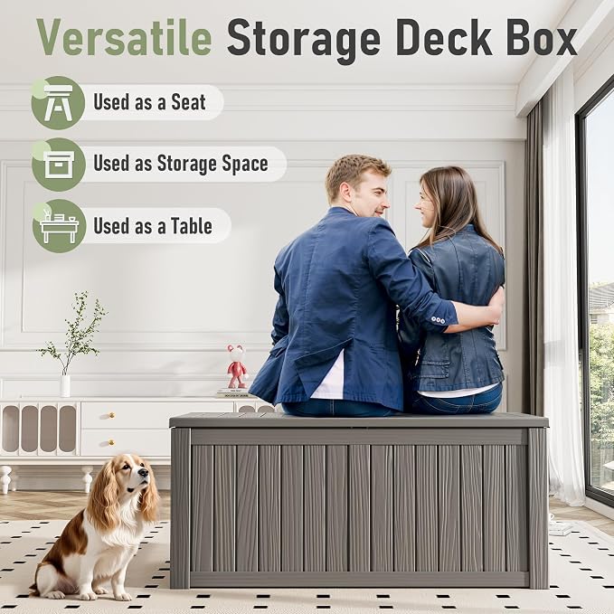 KAMABOKO Outdoor Storage Box, 150 Gallon Large Outdoor Resin Deck Box, Storage Waterproof Boxes Lockable Lid for Garden Tools, Pool Supplies, Patio Furniture and Cushions, Grey