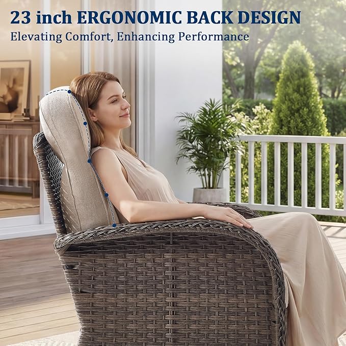 Outdoor Swivel Rocking Chair Patio Set (5-Piece), High-Back - Thick Cushion Swivel Rocking Chair Patio Set, All-Weather Wicker Patio Furniture Set, Suitable for Balcony Patios, Brown/Beige