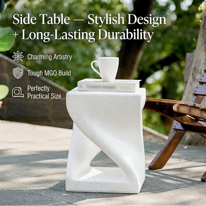 Outdoor Side Table Round Concrete Side Tables with White Terrazzo-Speckled Decor,MGO Twisted Patio End Table for Living Room Garden Balcony,Fully Assembled,White Marble