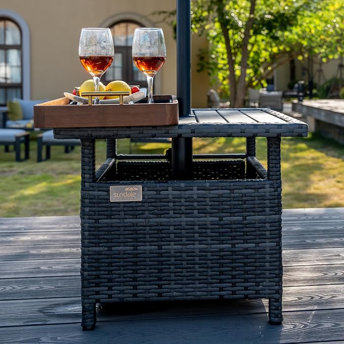 Sundale Outdoor Patio Umbrella Stand All Weather Wicker Rattan 22 in Umbrella Table Garden Furniture Deck Pool Table, Charcoal