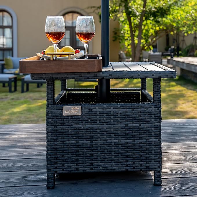 Sundale Outdoor Umbrella Stand with 2 Weight Bags, Patio 22 in Wicker Side Table with Umbrella Hole, All Weather Small Rattan Umbrella Base for Deck Yard Poolside Porch, Charcoal Gray