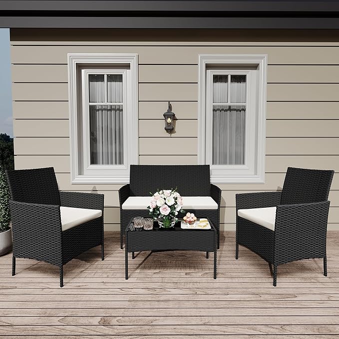 4 Pieces Outdoor Patio Furniture Sets,Wicker Rattan Conversation Sets, Bistro Patio Set with 2 Chairs,Soft Cushion,Loveseat and 1 Glass Coffee Table for Backyard Porch Garden Poolside Balcony,Black