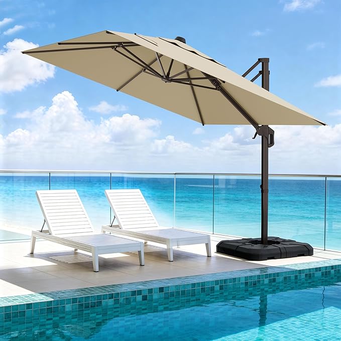 10' X 10' Patio Umbrella Cantilever Outdoor Rectangle Umbrella, Heavy Duty 360°Rotation Offset Umbrella for Garden Deck Pool Patio, Beige