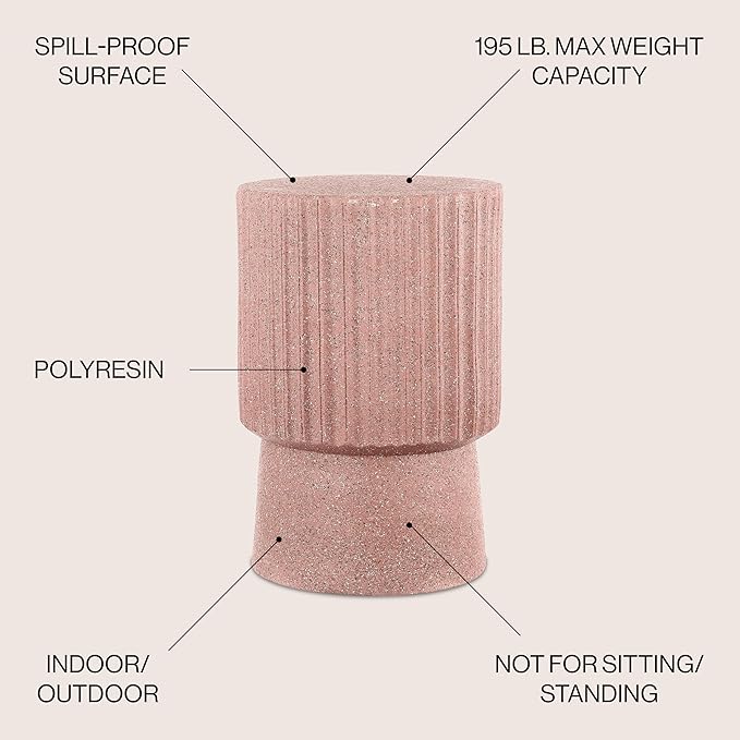 JONATHAN Y Louisa 19" Fluted Outdoor Accent Table, All-Weather Pink Terrazzo Pedestal Garden Stool, Small Round Side Table for Patio, Porch, and Living Room TBL1102C
