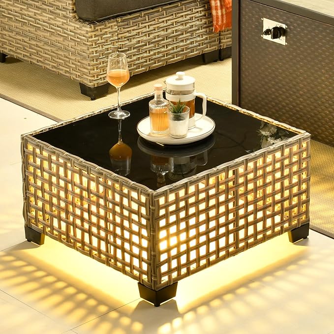 Outdoor Sectional Patio Furniture Set,6 Pieces Wicker Conversation Sets L Shaped Couch,Outdoor Sofa Outside Furniture with Solar-Powered Coffee Table(Black)