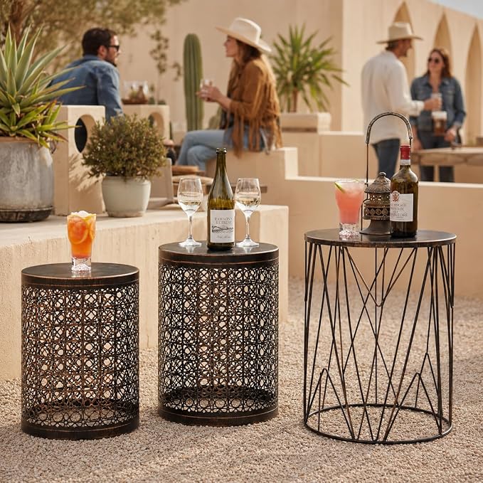 Y&M Set of 3 Meatal Round Side Tables, Multifunctional Coffee Table End Table for Indoor, Outdoor Garden Stool-Black with Bronze