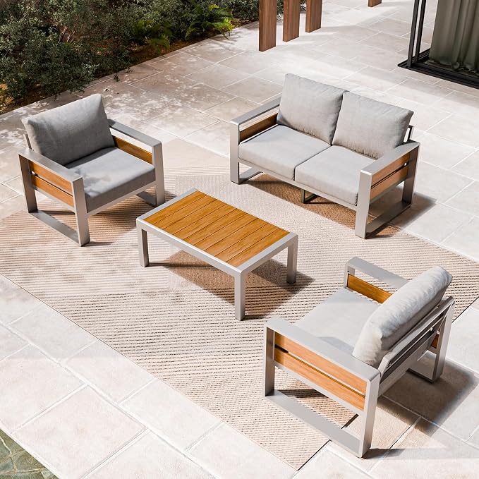 ZANDOR Aluminum Outdoor Patio Furniture Set with Coffee Table, 4 Seats Patio Conversation Sets with Washable Thick Cushions, Outdoor Sectional for Porch, Backyard, Deck, Garden & Poolside, Silver