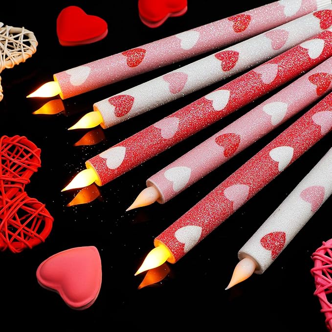 Honoson 6 Pcs Heart Glitter Flameless Taper Candles 10.6 Inch Valentines Day Candles Battery Operated LED Candlesticks for Valenties Wedding Bridal Birthday Baby Shower Party Dinner Table Home Decor