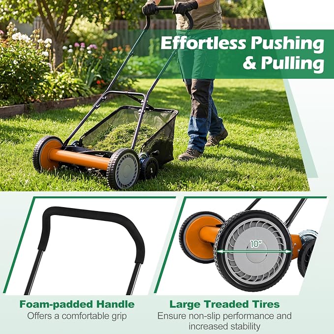 Push Reel Lawn Mower, Cordless 18" Manganese Steel Manual Grass Cutter with 5-Blade, Removable Grass Catcher, 9 Cutting Heights, Walk-Behind Lawn Mower for Garden Farm Yard (Orange)