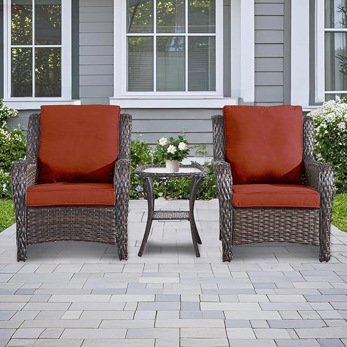 3 Pieces Patio Furniture Conversation Set PE Rattan Wicker Outdoor with 2 Armrest Chair and 1 Coffee Side Table, Soft Thick Washable Cushion for Yard Backyard Poolside Garden (Brown/Orange)