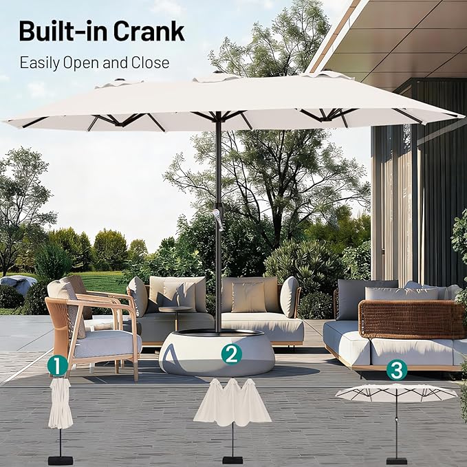 AreShark 15FT Outdoor Patio Umbrella with Crank, Large Rectangular Market Umbrella, Double-Sided Outdoor Umbrellas with Cross Base & Sandbag for Porch, Lawn, Pool, Backyard, Cream-White