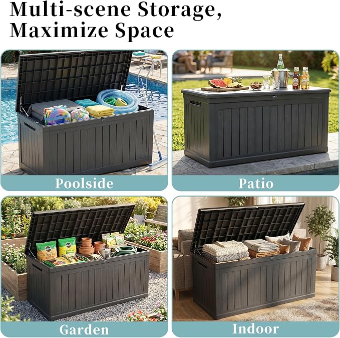 MOCUTEEN 260 Gallon Deck Box, Large Storage Bins with Lids for Furniture, Patio Cushion, Toy Storage, Lockable and Waterproof Storage Container With Support Rod, Black