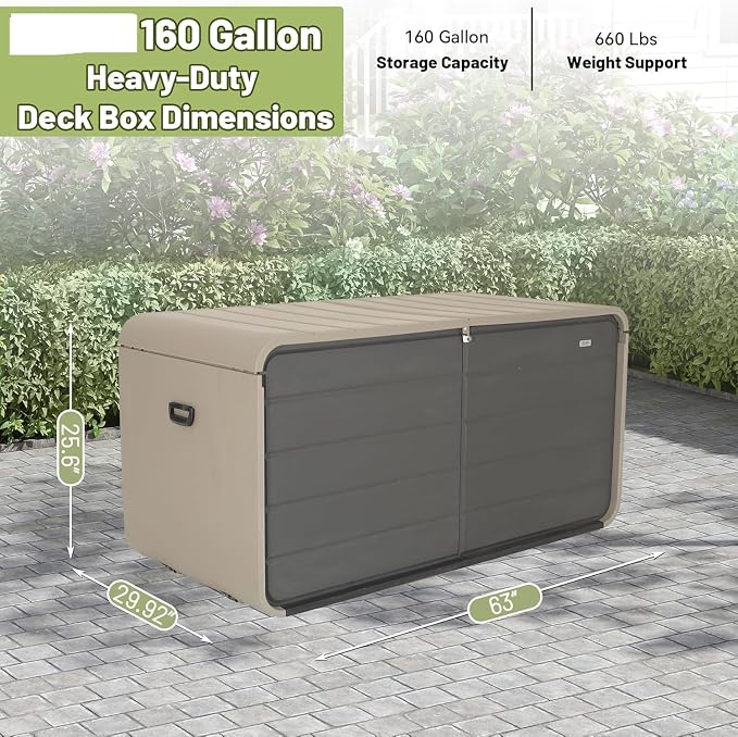 160-Gallon Heavy-Duty Resin Outdoor Storage Box–Large Deck Boxes Outdoor Waterproof,UV-Resistant Cabinet for Patio Furniture,Tools & Pool Supplies, Lockable, Hydraulic Lid(Multi-Purpose Bench/Table)