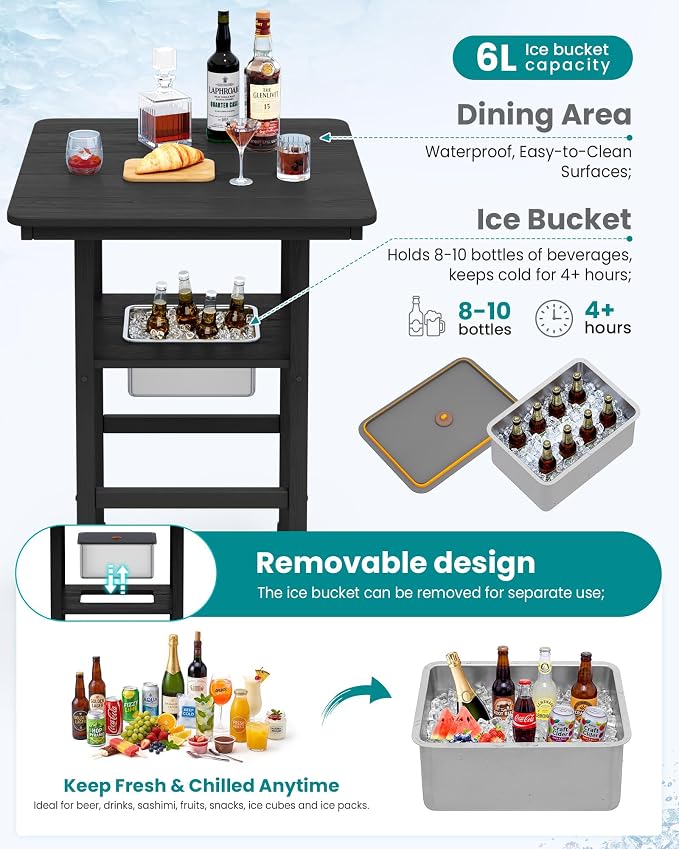 SERWALL Adirondack Bar Chairs and Table 5 Pieces Set, HDPE Bar Height Chairs Set of 2 and Bar Table with Ice Bucket, Outdoor Bar Stools Set for Balcony, Poolside, Backyard, Black