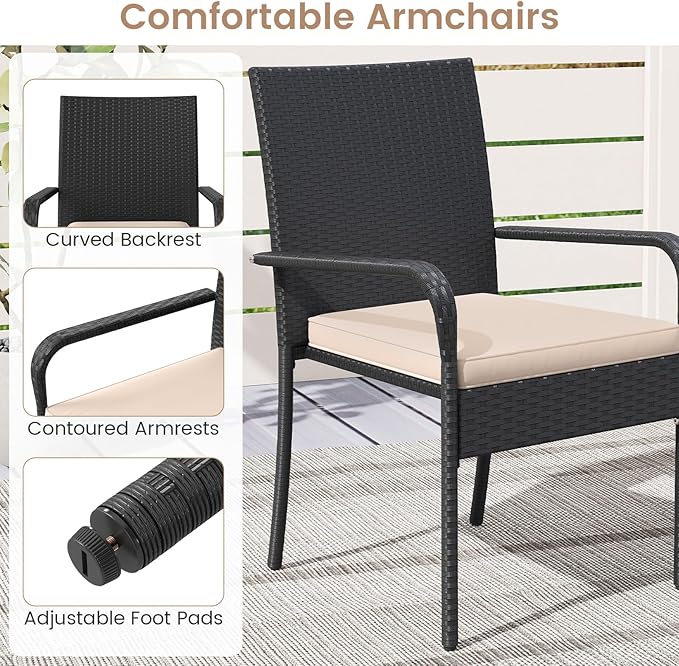 Tangkula 3 Pieces Patio Furniture Set, PE Rattan Outdoor Cushioned Conversation Chairs with 2-Tier Tempered Glass Tabletop Table, for Balcony, Garden and Poolside (Beige)