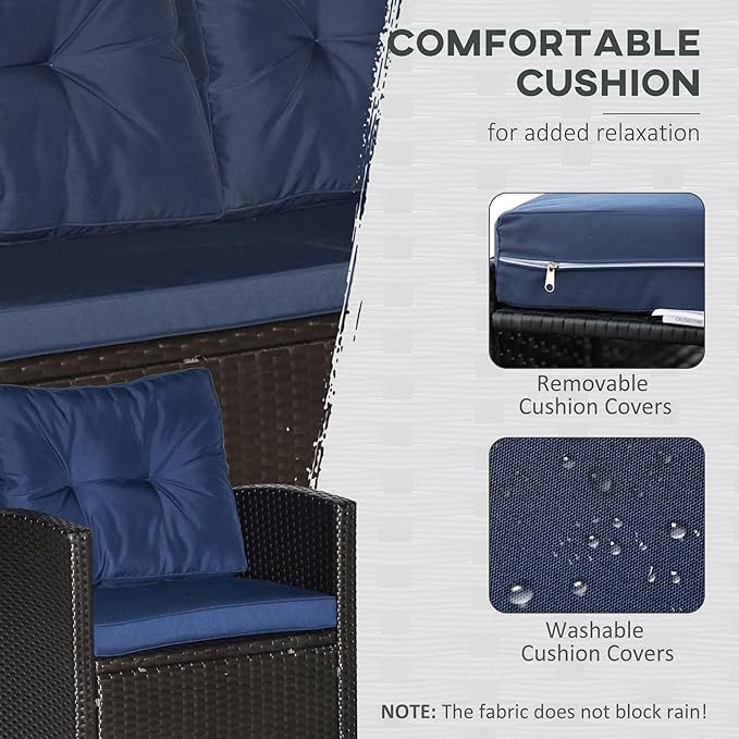 Outsunny 4 Pieces Patio Furniture Sets with Cushions, PE Rattan Wicker Conversation Chairs with Two-Tier Coffee Table for Backyard Porch Garden Poolside and Deck, Blue