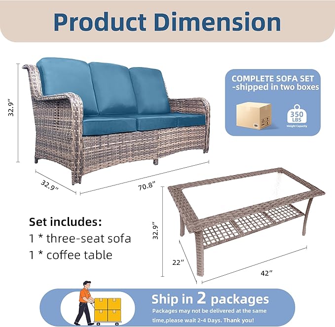 Outdoor Patio Couch, 3 Seater Outdoor Wicker Sofa with Coffee Table, 2 Pcs High Back Rattan Couch with Thick Cushions, Outdoor Deep Seating Conversation Sets for Deck Yard and Poolside, Peacock Blue