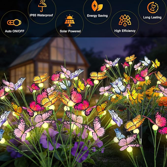 Vivideal Solar Garden Lights Outdoor, 4 Pack 32 LED Butterfly Solar Lights with 2 Modes, IP65 Waterproof Solar Lights Outdoor for Garden Yard Patio Pathway Decorations