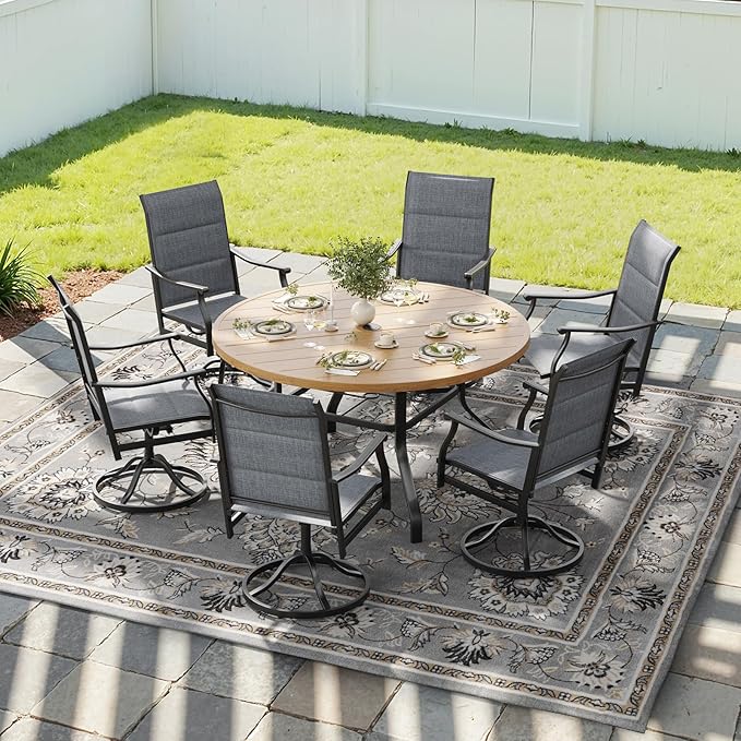 Soohow 7-Piece Outdoor Dining Set, Round Patio Dining Table and Chairs Set for 6, 6 x Swivel Patio Chairs and 47" Dining Table with 1.57" Umbrella Hole, Wood-Like, Ideal for Poolside, Backyard, Deck