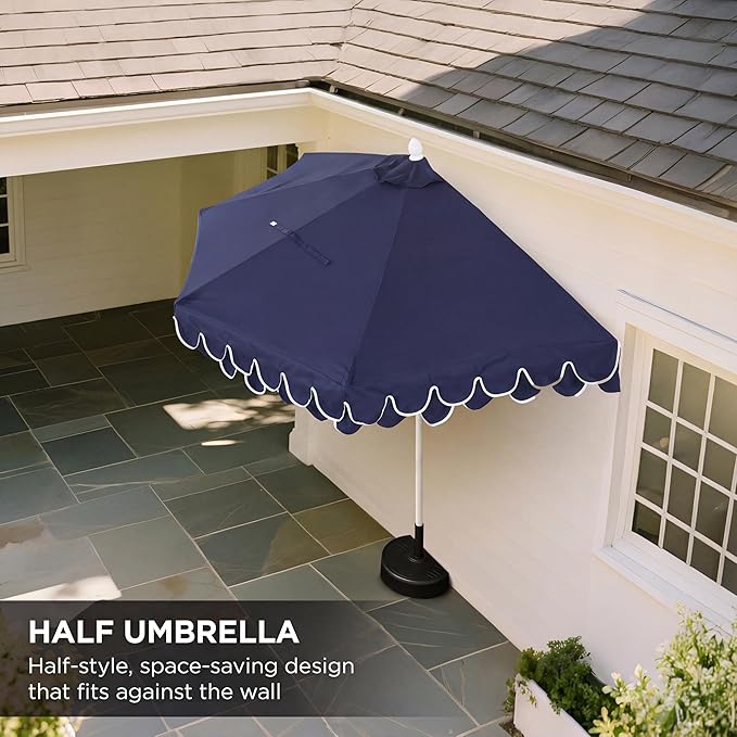 JONATHAN Y Terrace Scalloped 9 ft. Half Round Patio Umbrella with Crank Lift and Tilt, Coastal Semicircle Market Wall Umbrella for Balcony, Navy/White, White Pole UMB1202G