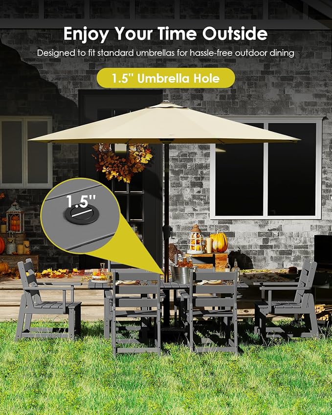 GREENVINES 7-Piece-Outdoor-Table-and-Chairs | HDPE | Patio Furniture | Dining Sets for 6 | Removable Armrests | All Weather | Connectable Tables | for Backyard Poolside Garden | Grey
