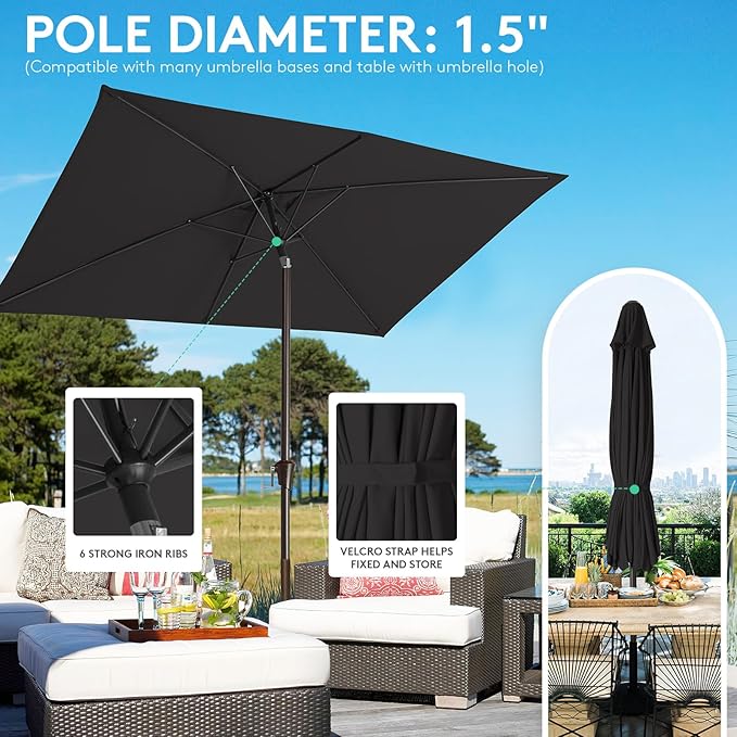 JEAREY 6.5x10ft Olefin Rectangular Patio Umbrella, Rectangle Outdoor Umbrellas with Auto Tilt Crank System, Market Table Umbrella UV Protection Fade-Resistant for Pool Deck Garden Yard, Black