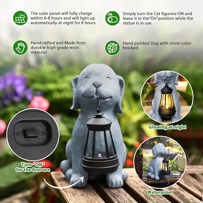 Solar Dog Garden Statue with Lantern, Outdoor Waterproof Dog Figurine Decor for Patio Yard Lawn, Birthday Garden Gifts for Women Mom Grandma, Housewarming Gift New Home