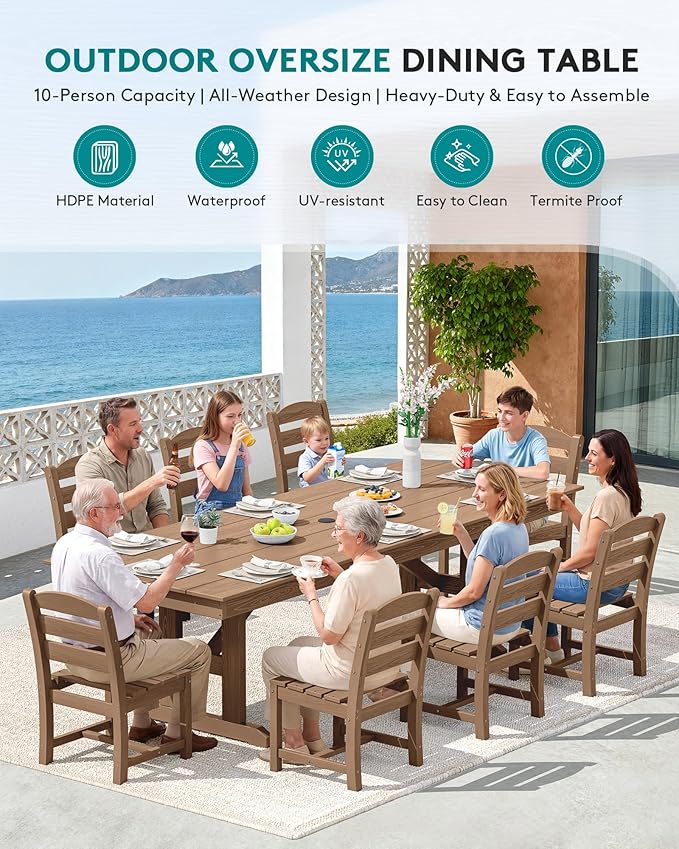 SERWALL 9 Piece Outdoor Dining Set, 84" HDPE Outdoor Table and Armless Chairs Set for 8，All Weather Patio Furniture Set with Umbrella Hole for Backyard, Garden, Brown