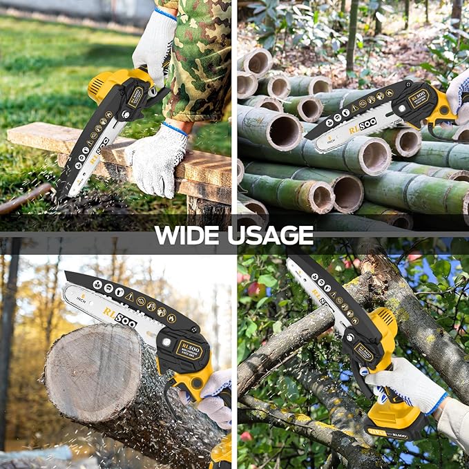 Mini Chainsaw Cordless, RLSOO 6 Inch Electric Chain Saw, Portable Small Handheld Chain Trimmer for Wood Cutting, Tree Trimming, Courtyard, Household, and Garden (Includes 2 Batteries and 3 Chains)