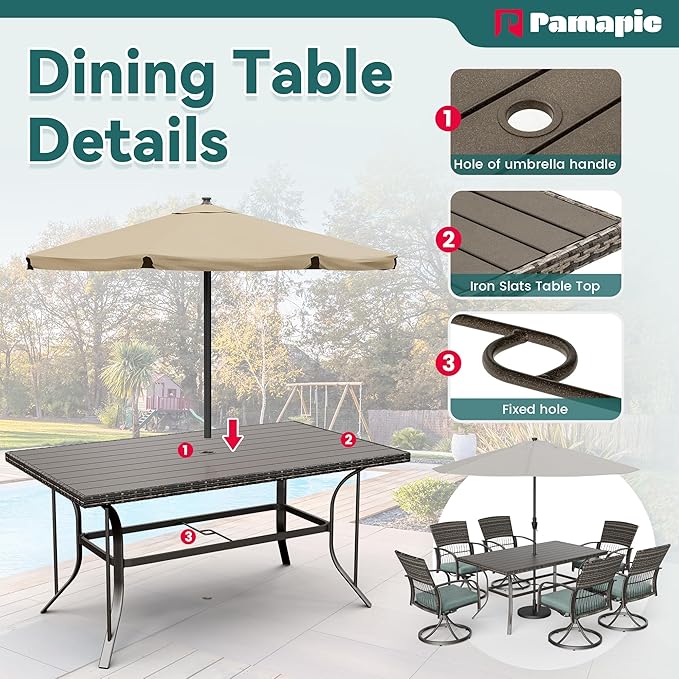 Pamapic 7 Piece Patio Dining Set for 6,Wicker Outdoor Furniture Set for Backyard Garden Deck Poolside with Iron Slats Table Top (Green, 7 PCS Swivel Chair & Fixed Chair)