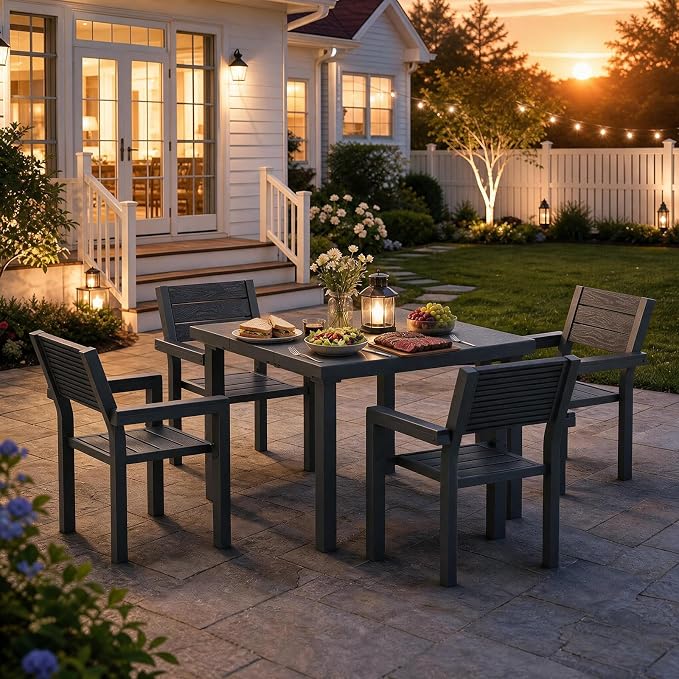 5-Piece Patio Dining Set for 4, All-Weather HDPE Outdoor Table and Chairs with Umbrella Hole, Rust-Resistant Metal Frame Dining Set for Garden, Backyard, Poolside, Deck (1 Table & 4 Chairs)