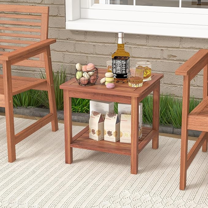RELAX4LIFE Adirondack Outdoor Side Table - 2-Tier Acacia Wood Square End Tables w/Slatted Tabletop & Shelf for Garden Porch Pool, Indoor Outdoor Companion, Wooden Small Patio Table (2, Natural)